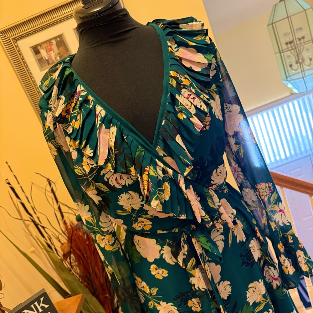 Wayf Wrap Floral Ruffle Midi Dress - Teal Green and White